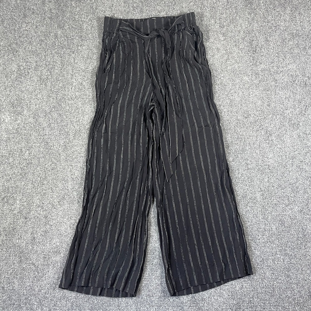 Aritzia Wilfred Pants Women's Small Black  Faun Tie-Waist Stripe Crop Wide-Leg